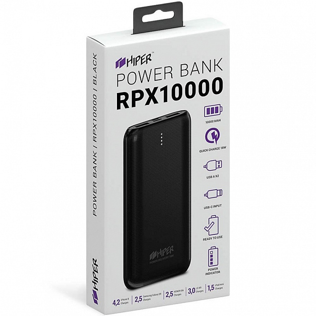 Универсальный аккумулятор RPX10000, QC3.0, PD, TYPE C, емкость 10000 мАч, черный  с логотипом в Новосибирске заказать по выгодной цене в кибермаркете AvroraStore