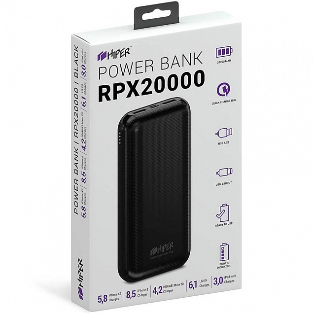 Универсальный аккумулятор RPX20000, QC3.0, PD, TYPE C, емкость 20000 мАч, черный  с логотипом в Новосибирске заказать по выгодной цене в кибермаркете AvroraStore